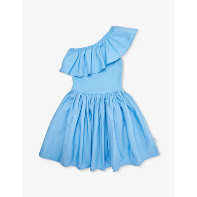 Molo Girls Blue Organic Cotton One Shoulder Dress In Forget Me Not