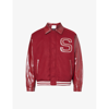 HOUSE OF SUNNY HOUSE OF SUNNY MEN'S BLOOD RED FREE FALLING CONTRAST-SLEEVED FLEECE VARSITY JACKET
