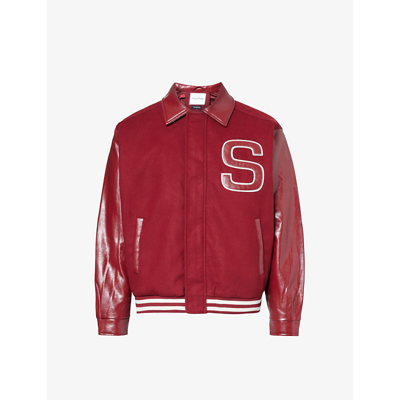 House Of Sunny Mens Blood Red Free Falling Contrast-sleeved Fleece Varsity Jacket