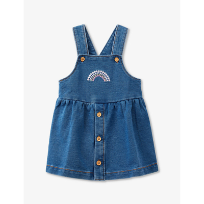 Benetton Girls Blue Denim Kids Rainbow Floral-embroidered Stretch-cotton Pinafore Dress