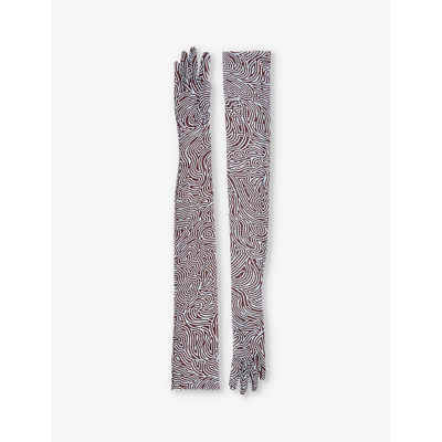 Dries Van Noten Womens Dark Brown Geometric-print Elbow-length Stretch-mesh Gloves