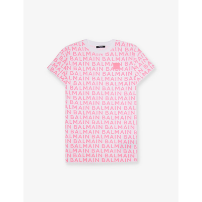 Balmain Kids' Logo-print Short-sleeve Cotton-jersey Dress 8-13 Years In White/fuchsia