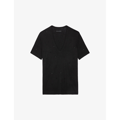 Zadig & Voltaire Zadig&voltaire Womens Noir Wassa Diamante-embellished Linen-blend T-shirt