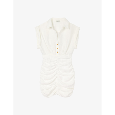 Sandro Womens Naturels Shirt-collar Draped-effect Linen-blend Mini Dress In White