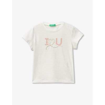 Benetton Kids' Striped Short-sleeved Cotton-blend T-shirt 18 Months - 6 Years In Cream/gold