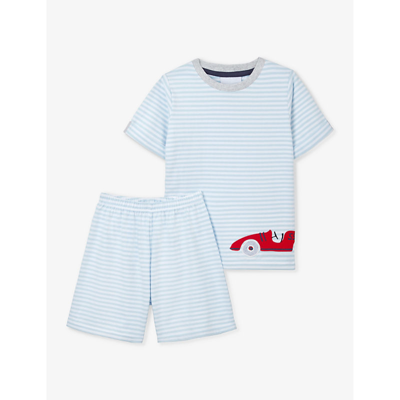 The Little White Company Kids' Race Car-embroidered Stripe Organic-cotton Pyjamas 1-6 Years In White/blue