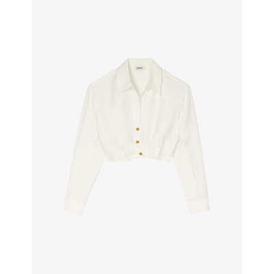 Sandro Womens Naturels Lapel-collar Long-sleeve Cropped Linen-blend Shirt