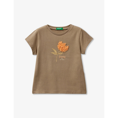 Benetton Girls Khaki Green Kids Floral-embroidered Cotton T-shirt 18 Months-6 Years