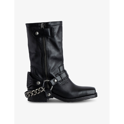 ZADIG & VOLTAIRE WOMENS NOIR IGATA METAL-CHAIN LEATHER ANKLE BOOTS EUR 36 / 3 UK