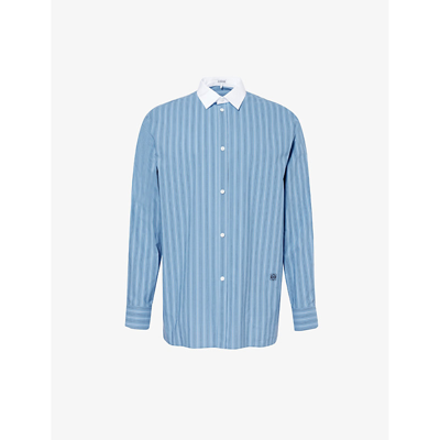 Loewe Mens Stone Blue Brand-embroidered Pleated-cuff Relaxed-fit Cotton-poplin Shirt