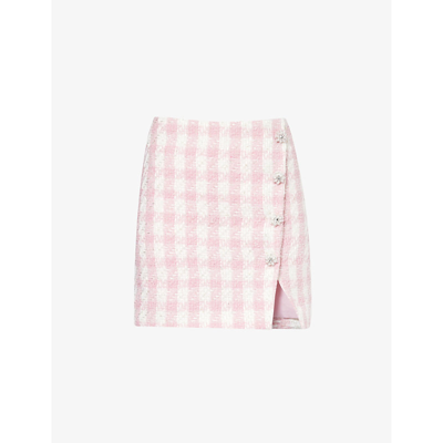 Self-portrait Women's Pink Bouclé-texture Embellished-button Woven Mini Skirt