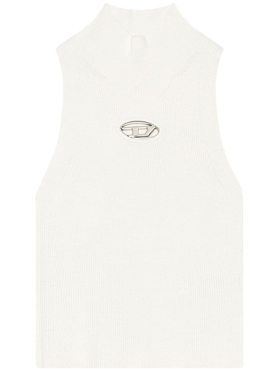 Diesel Logo-plaque Ribbed-knit Top In White