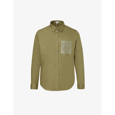 Loewe Mens Hunter Green Anagram-embroidered Pleated-cuffs Relaxed-fit Cotton-twill Shirt