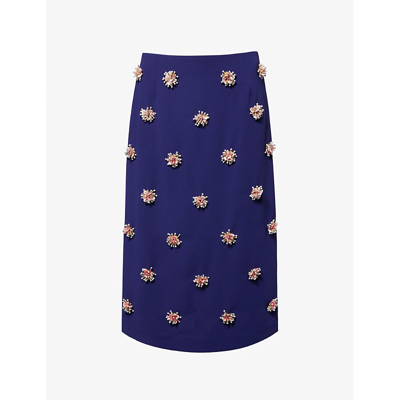 Dries Van Noten Womens Inkblue Bead-embellished High-rise Woven Midi Skirt