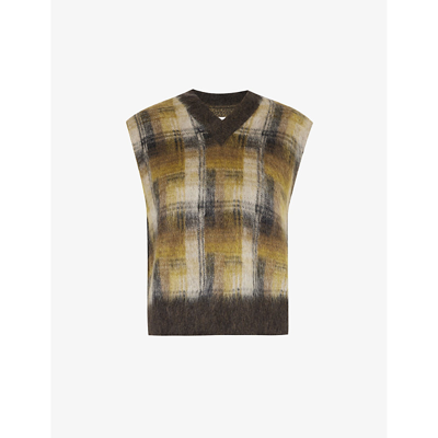 Maison Margiela V-neck Check-pattern Wool-blend Vest In Walnut/mustard