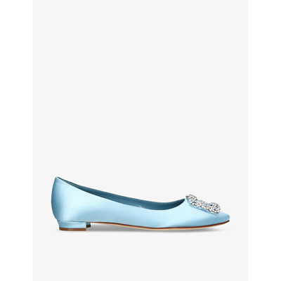 Manolo Blahnik Womens Blue Hangisi Crystal-embellished Satin Flats