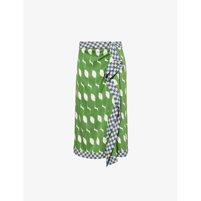 Dries Van Noten Womens Green Abstract-pattern High-rise Silk-blend Midi Skirt