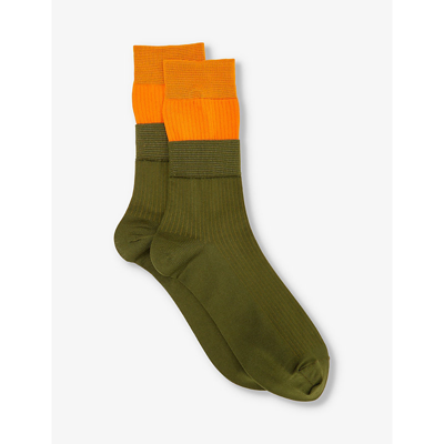 Sacai Mens Khaki Branded Contrast-panel Knitted Socks In Green