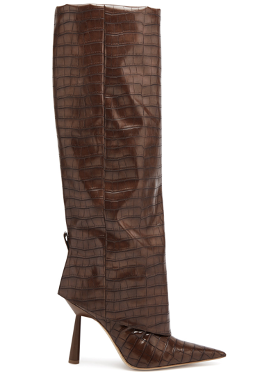 Gia Borghini Rosie 31 Croc-effect Knee-high Boots In Brown