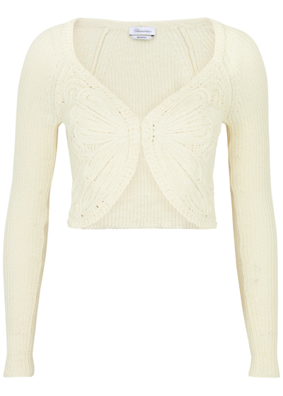 Blumarine Butterfly Cropped Cotton-blend Cardigan In Off White
