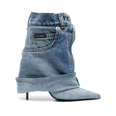 Dolce & Gabbana Pointed Toe Denim Ankle Boots In Blu
