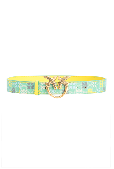 Pinko 3cm Logo-print Belt With Love Birds Buckle In Vert Menthe/bleu Ciel/jaune-or Antique