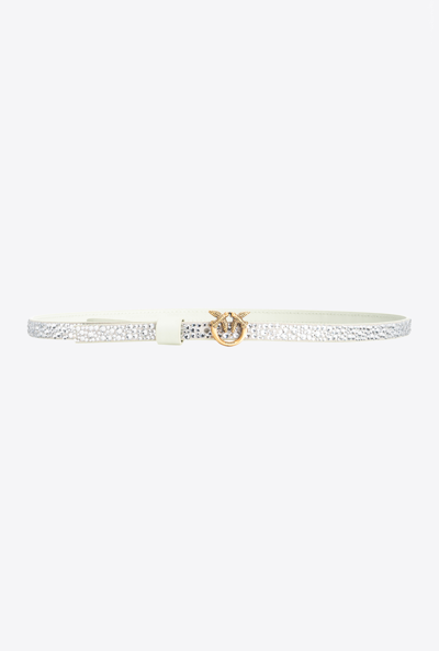 Pinko Thin Belt With Love Birds Buckle And Rhinestones In Blanc+blanc-or Antique