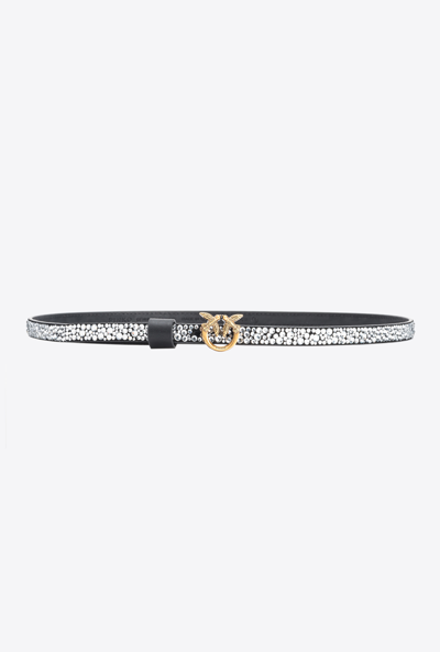 Pinko Thin Belt With Love Birds Buckle And Rhinestones In Noir-vieil Or