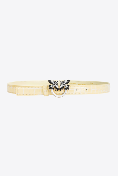 Pinko Galleria Thin 2cm Shiny Croc-print Belt With Love Birds Buckle In Foin-or Clair