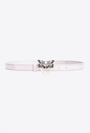 Pinko Galleria Thin 2cm Shiny Croc-print Belt With Love Birds Buckle In Lilas-or Clair