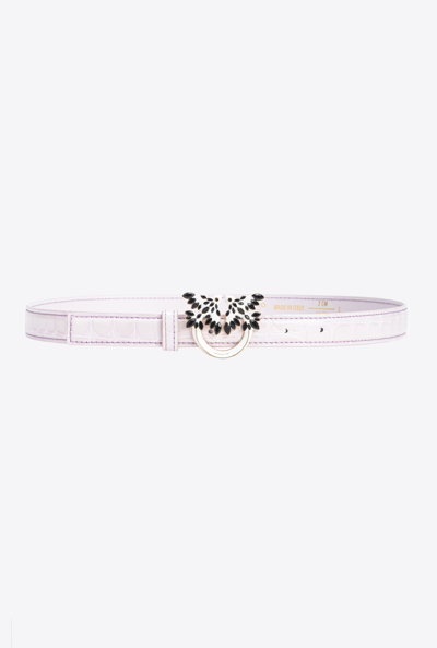 Pinko Galleria Thin 2cm Shiny Croc-print Belt With Love Birds Buckle In Lilas-or Clair