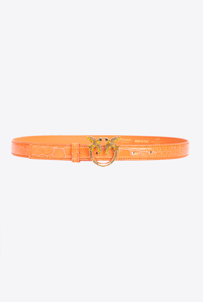 Pinko Galleria Thin 2cm Shiny Coloured Croc-print Belt With Love Birds Buckle In Orange-or Clair