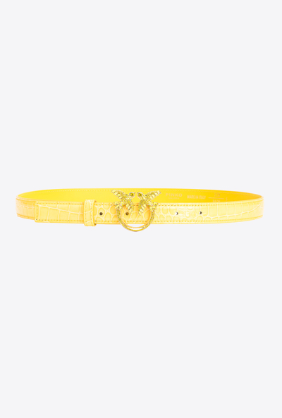 Pinko Galleria Thin 2cm Shiny Coloured Croc-print Belt With Love Birds Buckle In Jaune Soleil-or Clair