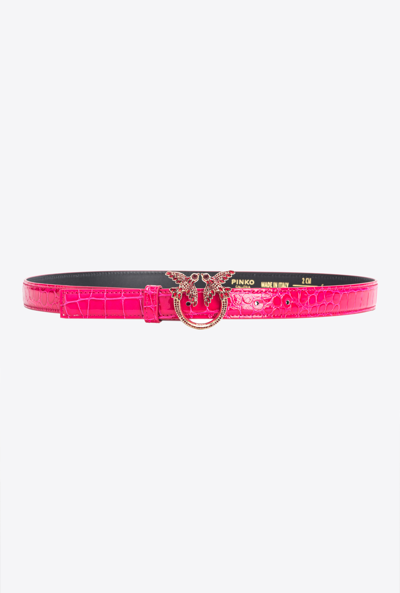 Pinko Galleria Thin 2cm Shiny Coloured Croc-print Belt With Love Birds Buckle In Rose -or Clair