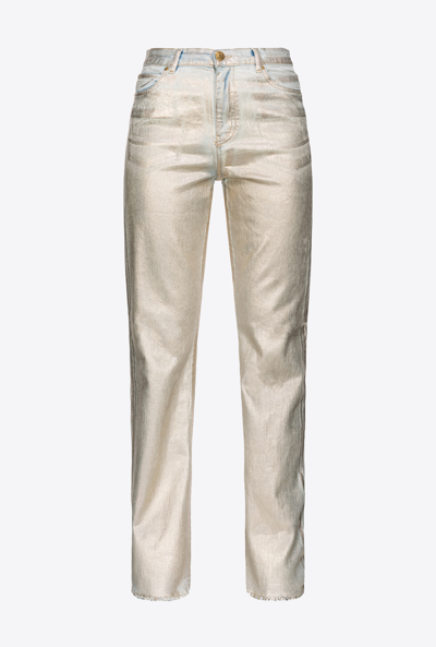 Pinko Straight-leg Shiny Denim Jeans In Silver/beige