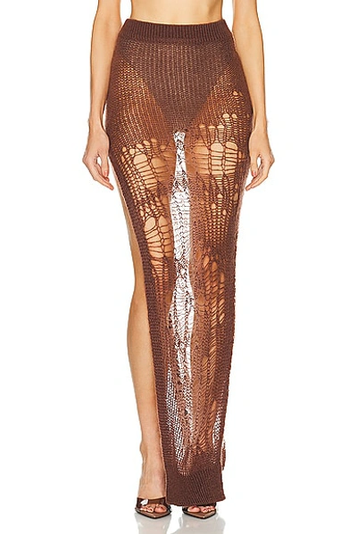 Rick Owens Spider Ziggy Distressed-finish Midi Skirt In 14 Mahogany