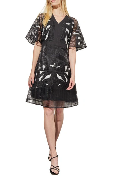 Ming Wang Floral Appliqué Mixed Media Dress In Black/ White