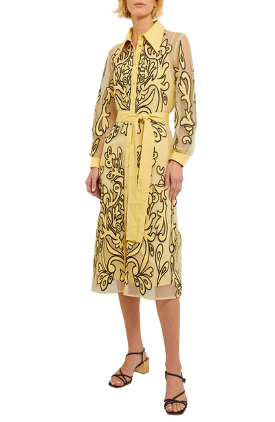 Misook Embroidered Applique Mesh Midi Shirtdress In Pale Gold/black