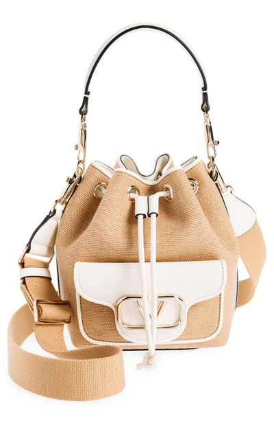 Valentino Garavani Small Locò Raffia & Leather Bucket Bag In Beige/ivory/golden