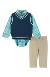 Andy & Evan Babies'  Plaid Button-up Bodysuit, Sweater Vest, Bow Tie & Pants Set In Green Plaid