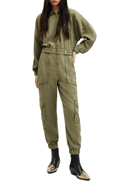 Allsaints Frieda Relaxed Fit Denim Jumpsuit In Khaki Green