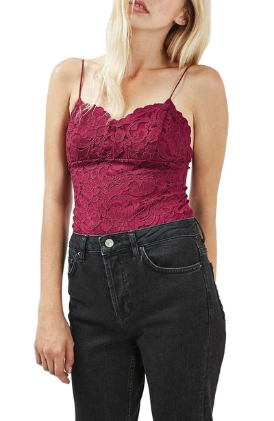 Topshop Scalloped Lace Bodysuit In Berry Red