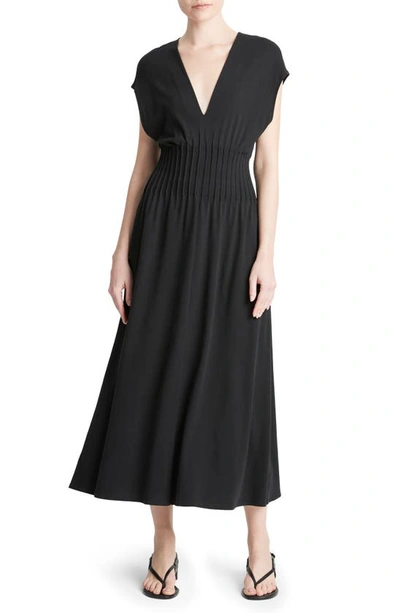 VINCE PINTUCK V-NECK MAXI DRESS