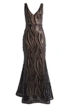 Morgan & Co. Sequin Swirl Mermaid Gown In Black/ Beige