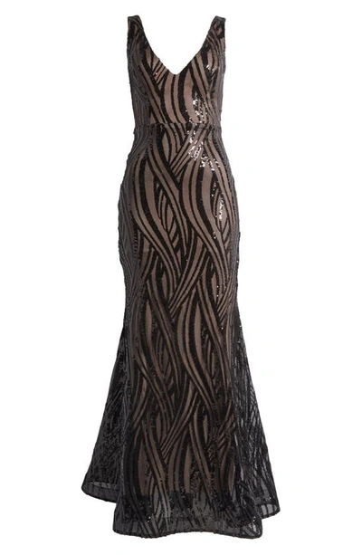 Morgan & Co. Sequin Swirl Mermaid Gown In Black/ Beige