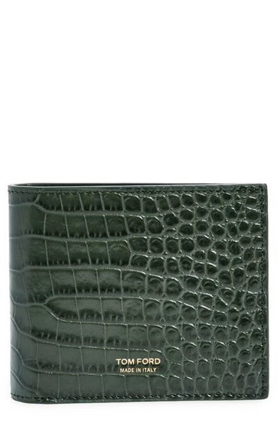 Tom Ford Croc Embossed Patent Leather Bifold Wallet In Rifle Green