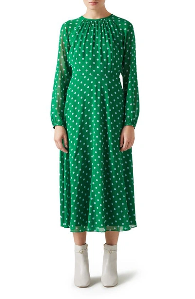 Lk Bennett Addison Polka Dot Raglan-sleeve Midi Dress In Green
