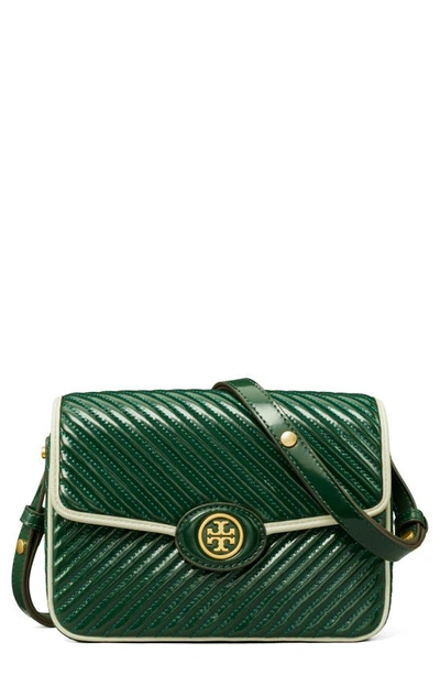 Tory Burch Robinson Patent Quilted Convertible Shoulder Bag In Pine Tree/gold