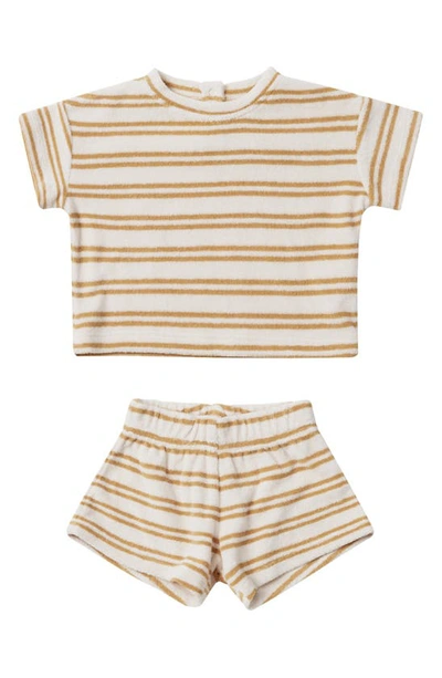 Quincy Mae Babies' Stripe Organic Cotton Blend Terry Cloth T-shirt & Shorts Set In Honey-stripe