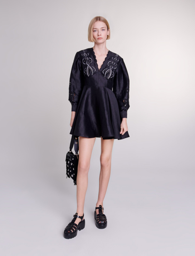 Maje Short Embroidered Linen Dress For Spring/summer In Black